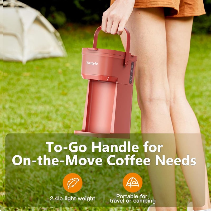 Tastyle Single Serve One Cup Coffee Maker, for K Cups and Grounds, Mini Coffee Maker with Portable Handle, 6 to 12 Oz Brew Size, for Travel, Camping, Office, RV and Dorm, 120V, Salmon Pink - Image 4